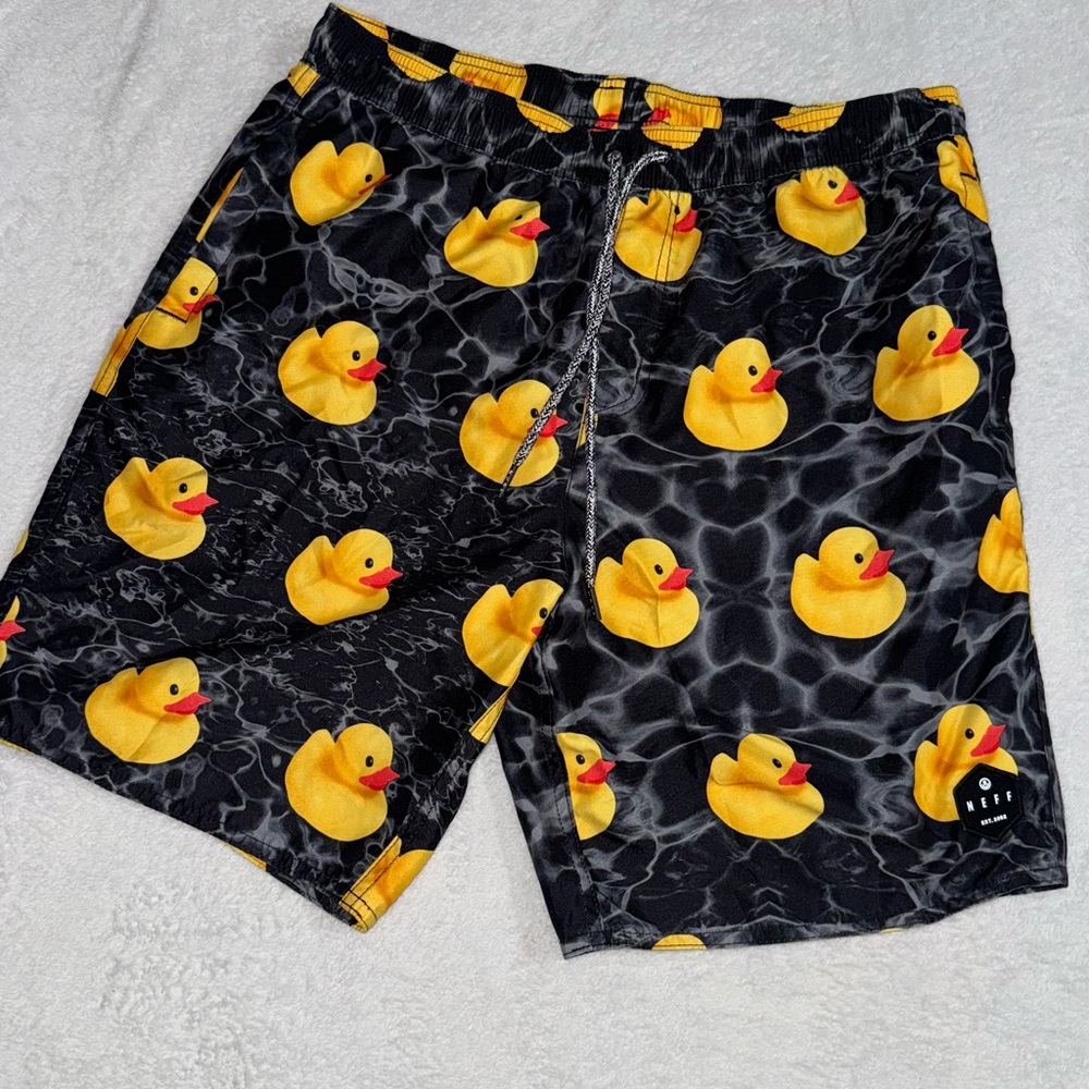 Neff Black Swim Shorts with Yellow Duck Design